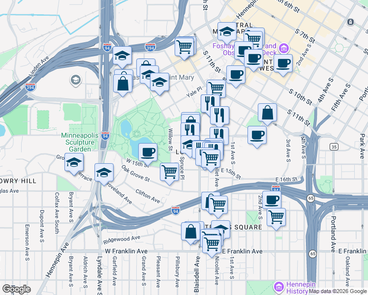 map of restaurants, bars, coffee shops, grocery stores, and more near 5 Spruce Place in Minneapolis