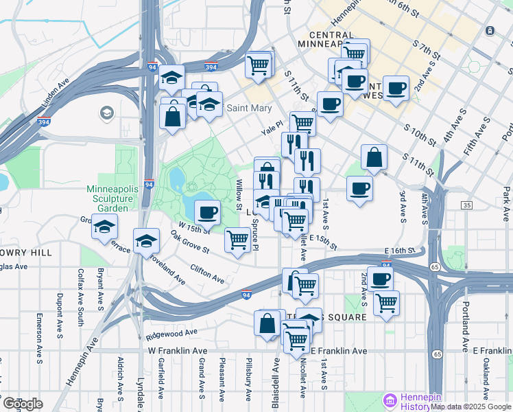 map of restaurants, bars, coffee shops, grocery stores, and more near 5 Spruce Place in Minneapolis