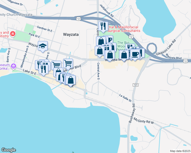 map of restaurants, bars, coffee shops, grocery stores, and more near 317 Wise Avenue in Wayzata