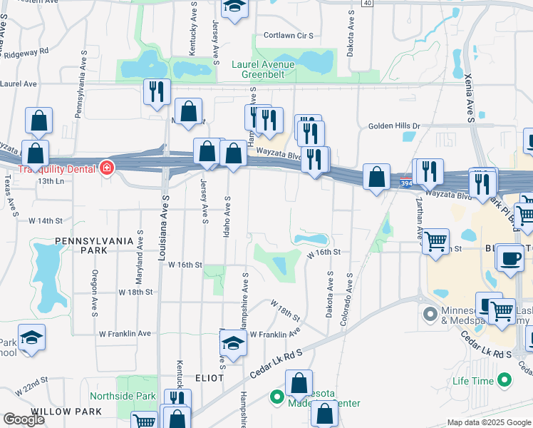 map of restaurants, bars, coffee shops, grocery stores, and more near 1351 Hampshire Avenue South in St. Louis Park