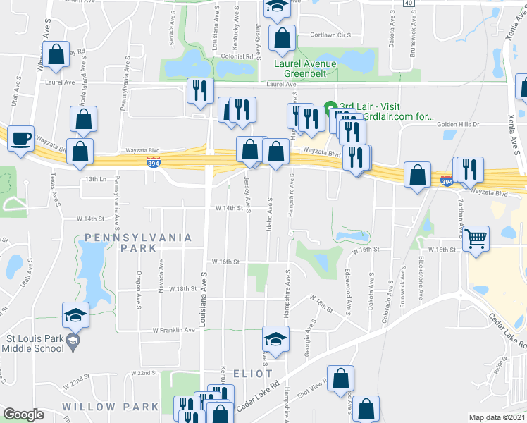 map of restaurants, bars, coffee shops, grocery stores, and more near 174 Ridgewood Drive in Chaska