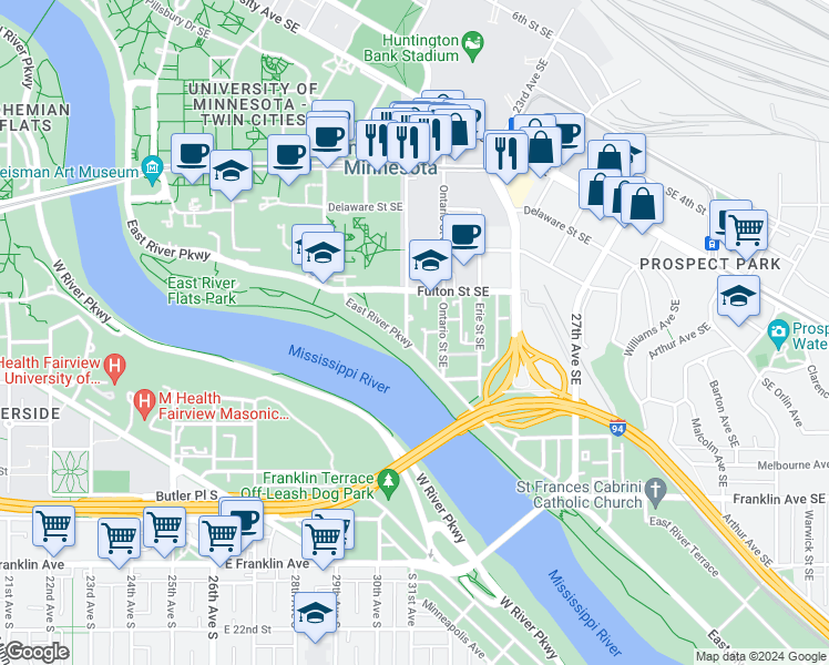 map of restaurants, bars, coffee shops, grocery stores, and more near 629 Southeast Oak Street in Minneapolis