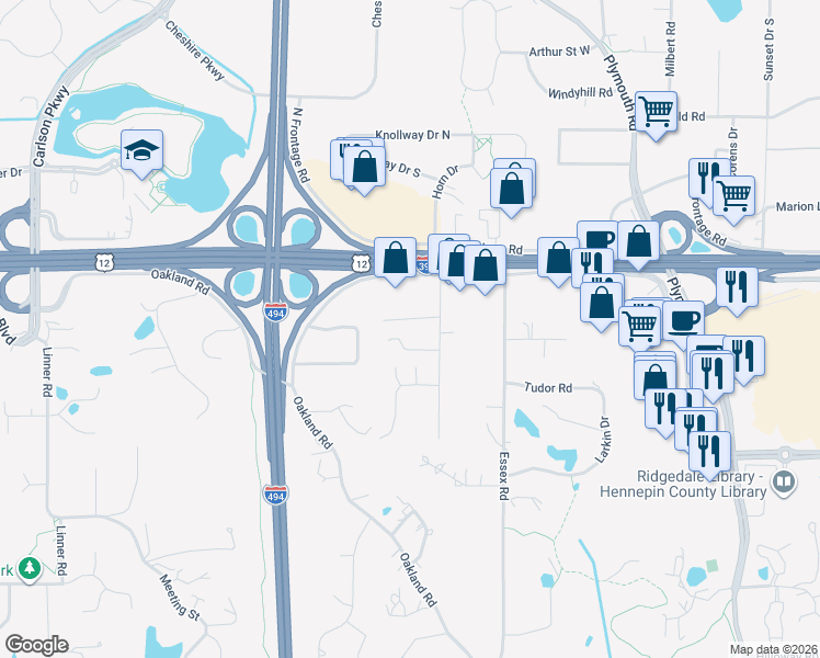 map of restaurants, bars, coffee shops, grocery stores, and more near 1600 Fairfield Road South in Hopkins