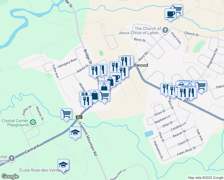 map of restaurants, bars, coffee shops, grocery stores, and more near 752 Central Avenue in Kingston