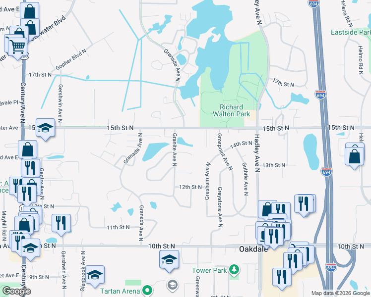 map of restaurants, bars, coffee shops, grocery stores, and more near 1341 Granite Avenue North in Oakdale