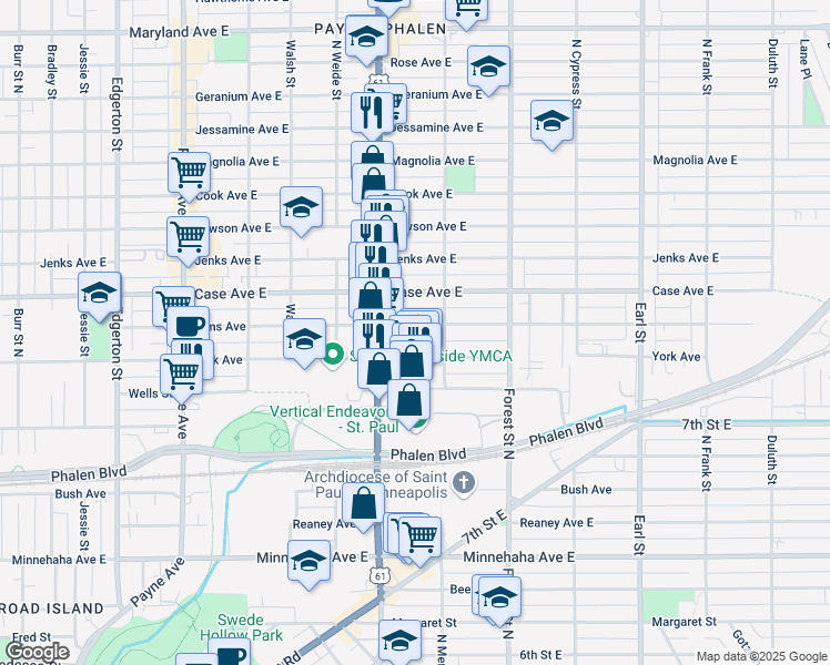 map of restaurants, bars, coffee shops, grocery stores, and more near 853 York Avenue in Saint Paul
