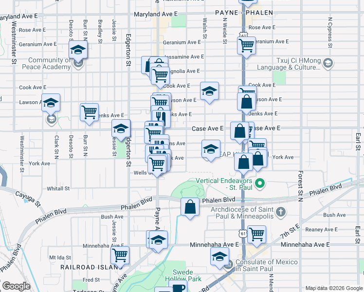 map of restaurants, bars, coffee shops, grocery stores, and more near 677 York Avenue in Saint Paul