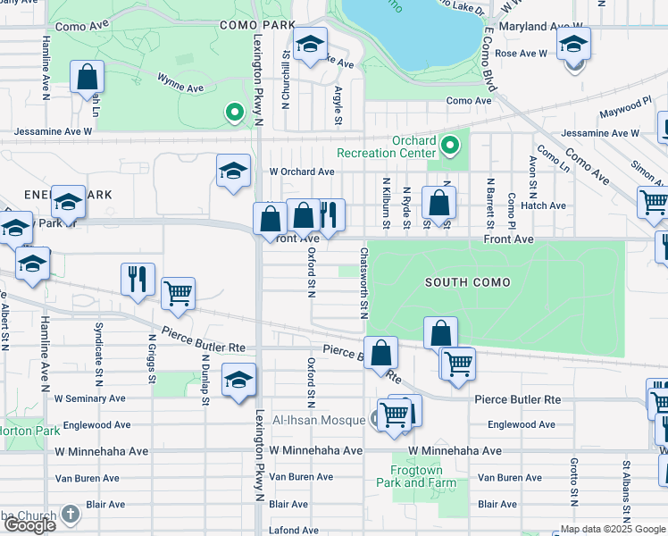 map of restaurants, bars, coffee shops, grocery stores, and more near 1001 Burgess Street in Saint Paul