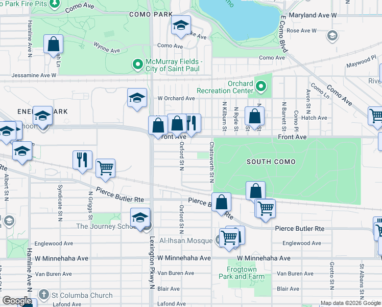 map of restaurants, bars, coffee shops, grocery stores, and more near 906 Oxford Street North in Saint Paul