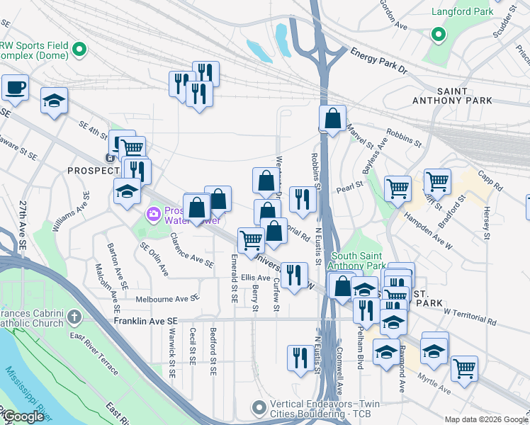 map of restaurants, bars, coffee shops, grocery stores, and more near 950 Jefferson Commons Circle in Saint Paul