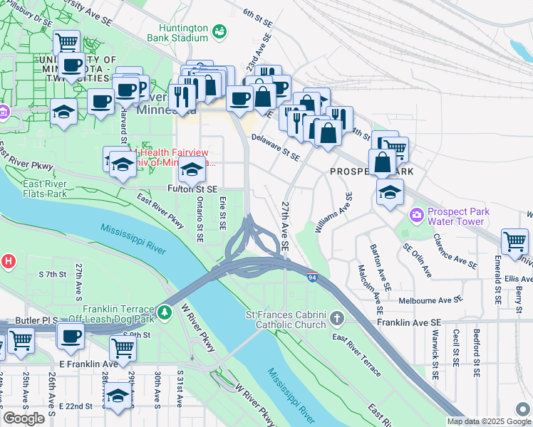 map of restaurants, bars, coffee shops, grocery stores, and more near 641 Southeast Huron Boulevard in Minneapolis
