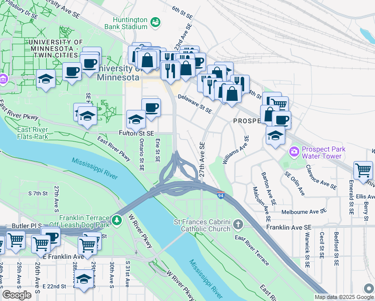 map of restaurants, bars, coffee shops, grocery stores, and more near 641 Southeast Huron Boulevard in Minneapolis