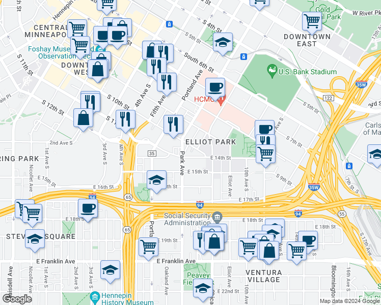map of restaurants, bars, coffee shops, grocery stores, and more near 719 East 14th Street in Minneapolis