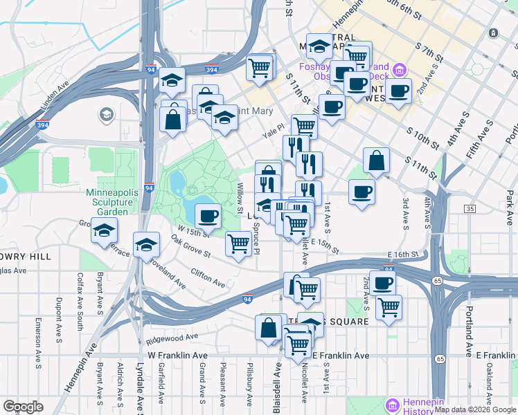 map of restaurants, bars, coffee shops, grocery stores, and more near 5 Spruce Place in Minneapolis