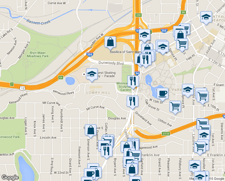 map of restaurants, bars, coffee shops, grocery stores, and more near 3 Bryant Avenue South in Minneapolis