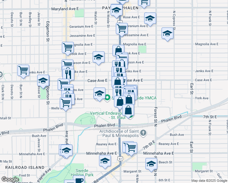 map of restaurants, bars, coffee shops, grocery stores, and more near 800 Sims Avenue in Saint Paul
