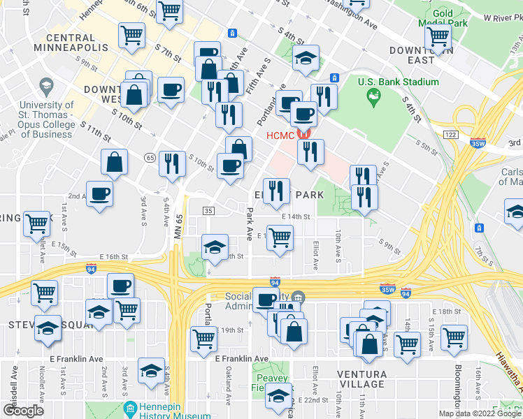 map of restaurants, bars, coffee shops, grocery stores, and more near 719 East 14th Street in Minneapolis