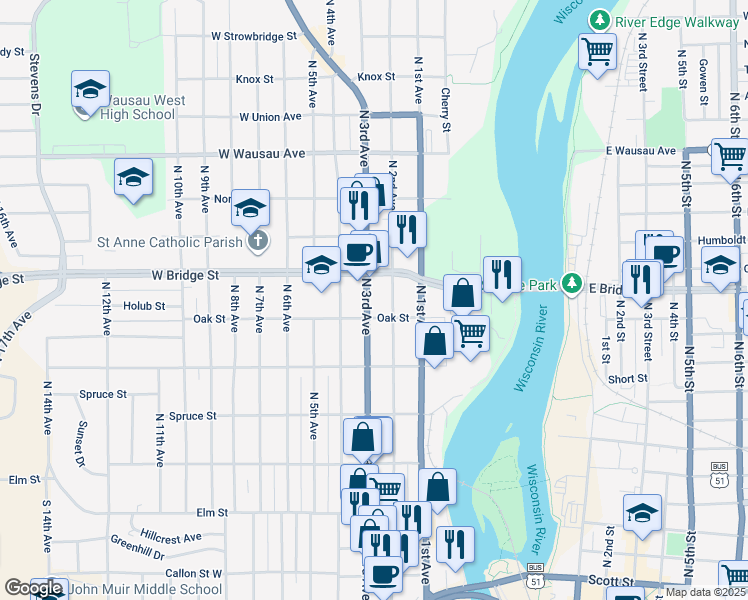 map of restaurants, bars, coffee shops, grocery stores, and more near 511 North 3rd Avenue in Wausau