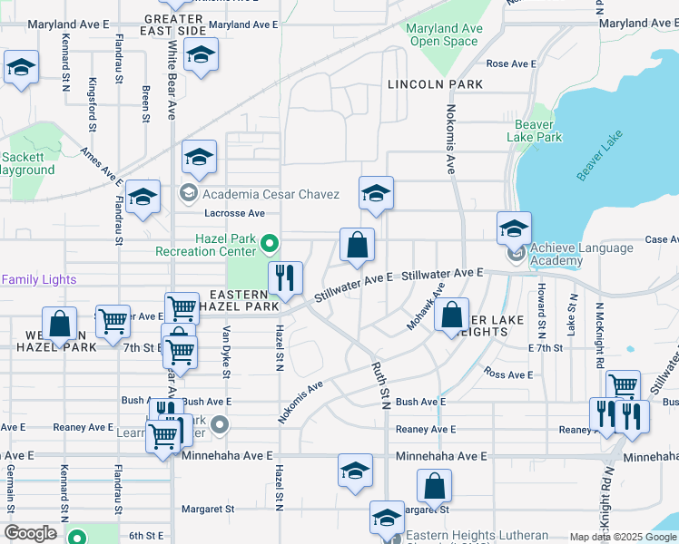 map of restaurants, bars, coffee shops, grocery stores, and more near 1956 Stillwater Avenue East in Saint Paul