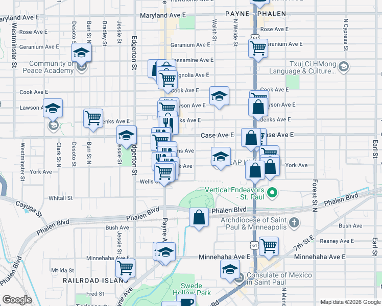 map of restaurants, bars, coffee shops, grocery stores, and more near 677 York Avenue in Saint Paul