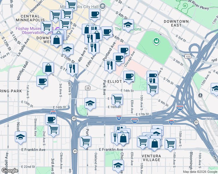 map of restaurants, bars, coffee shops, grocery stores, and more near 719 East 14th Street in Minneapolis