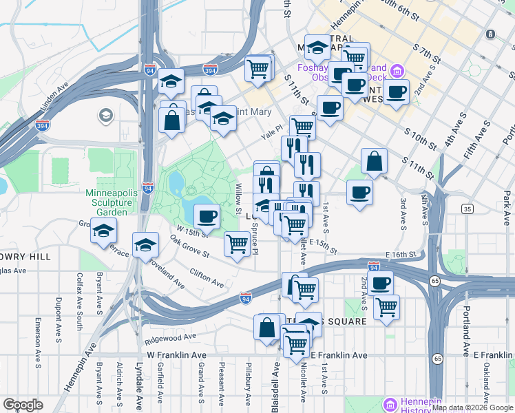 map of restaurants, bars, coffee shops, grocery stores, and more near 5 Spruce Place in Minneapolis