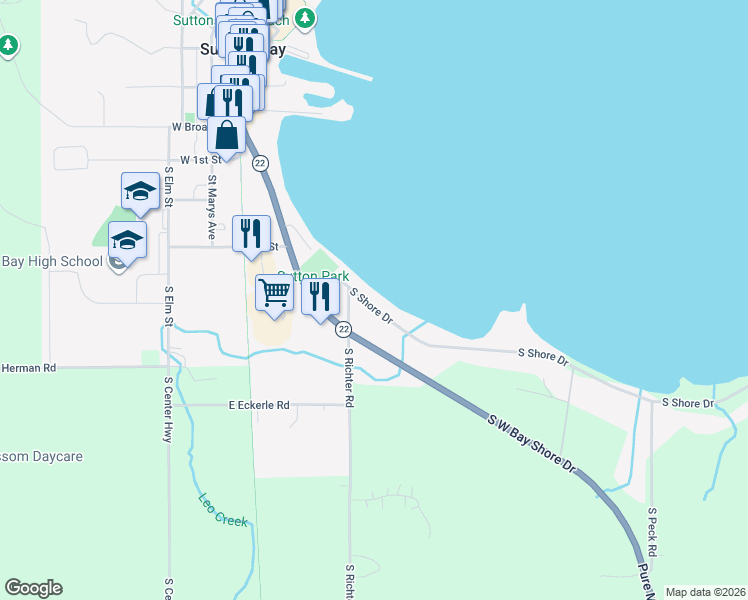 map of restaurants, bars, coffee shops, grocery stores, and more near 213 South Shore Drive in Suttons Bay