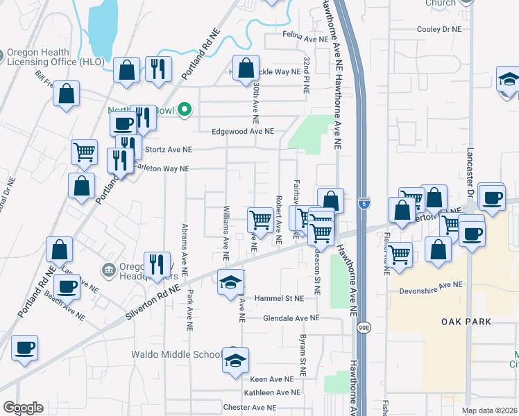 map of restaurants, bars, coffee shops, grocery stores, and more near 3408 30th Avenue Northeast in Salem