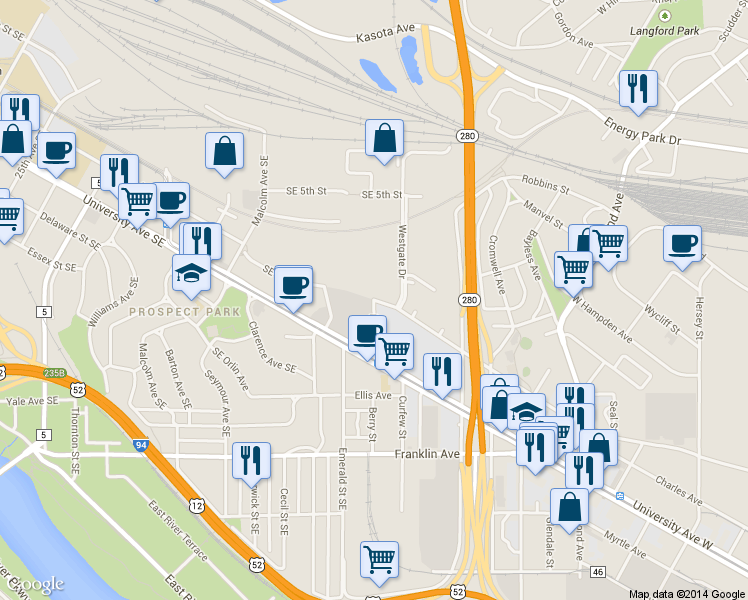 map of restaurants, bars, coffee shops, grocery stores, and more near 950 Jefferson Commons Circle in Saint Paul