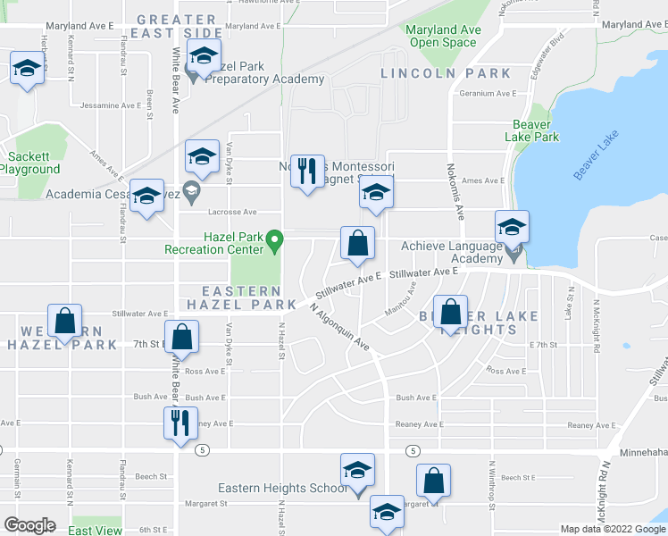 map of restaurants, bars, coffee shops, grocery stores, and more near 1956 Utica Avenue East in Saint Paul