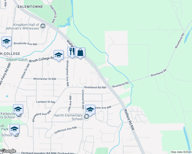 map of restaurants, bars, coffee shops, grocery stores, and more near 2539 Wallace Road Northwest in Salem