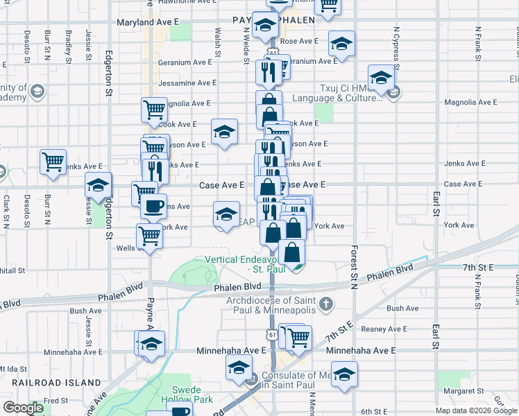 map of restaurants, bars, coffee shops, grocery stores, and more near 782 Case Avenue East in Saint Paul