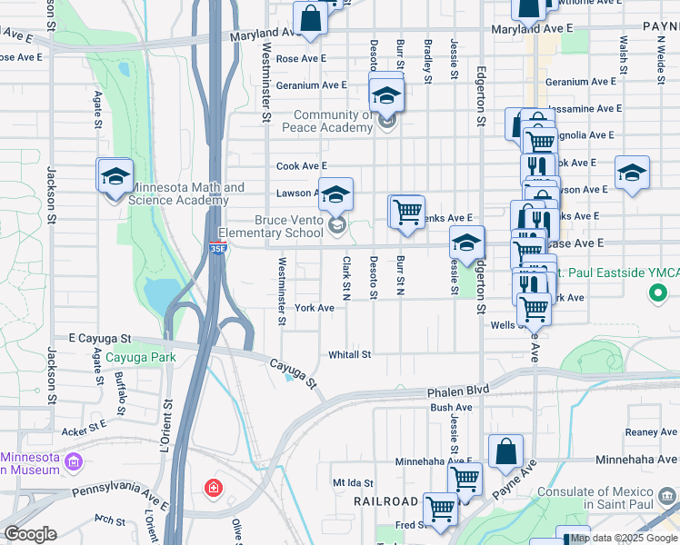 map of restaurants, bars, coffee shops, grocery stores, and more near 955 Clark Street North in Saint Paul