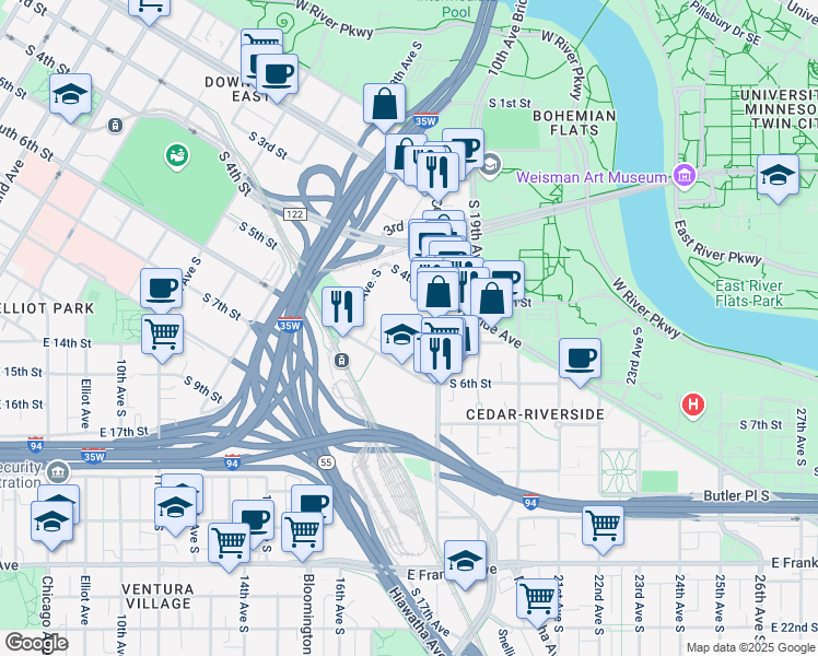 map of restaurants, bars, coffee shops, grocery stores, and more near 1525 South 4th Street in Minneapolis