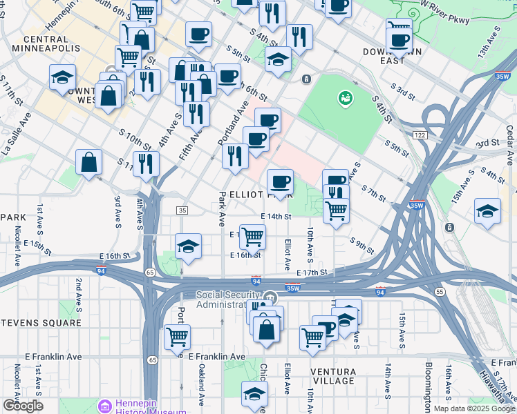 map of restaurants, bars, coffee shops, grocery stores, and more near in Minneapolis