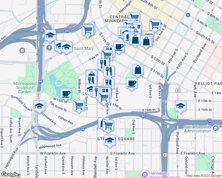 map of restaurants, bars, coffee shops, grocery stores, and more near 1335 1/2 Nicollet Avenue in Minneapolis