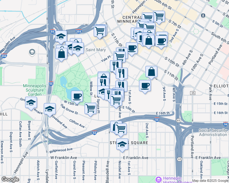 map of restaurants, bars, coffee shops, grocery stores, and more near 1330 Nicollet Mall in Minneapolis