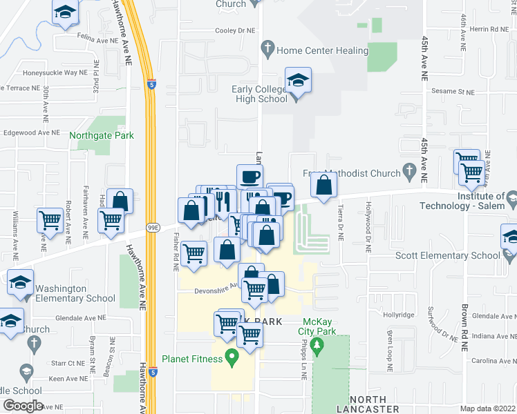 map of restaurants, bars, coffee shops, grocery stores, and more near Silverton Rd NE & Lancaster Dr NE in Hayesville