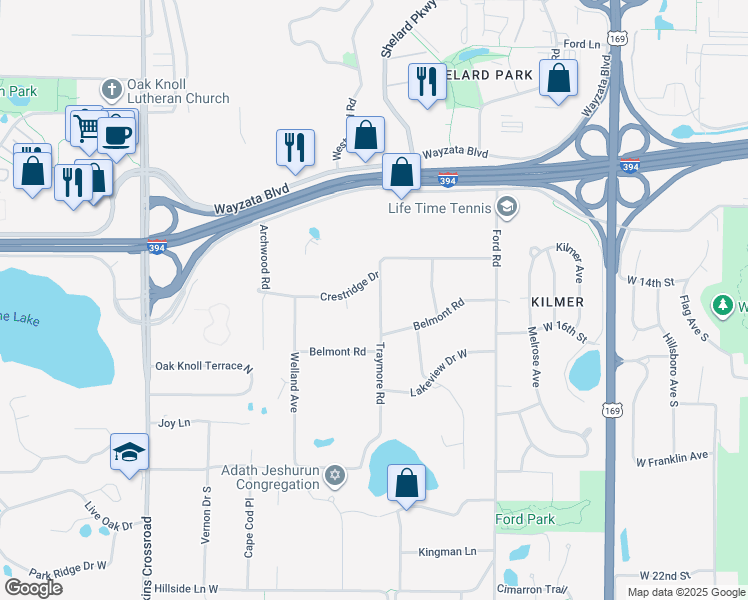 map of restaurants, bars, coffee shops, grocery stores, and more near 10408 Crestridge Drive in Hopkins