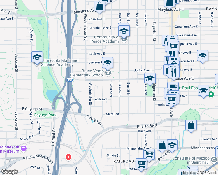 map of restaurants, bars, coffee shops, grocery stores, and more near 955 Clark Street North in Saint Paul