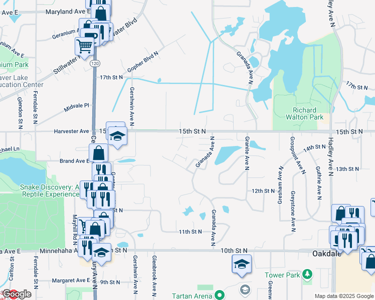 map of restaurants, bars, coffee shops, grocery stores, and more near 1490 Goodwin Avenue North in Oakdale