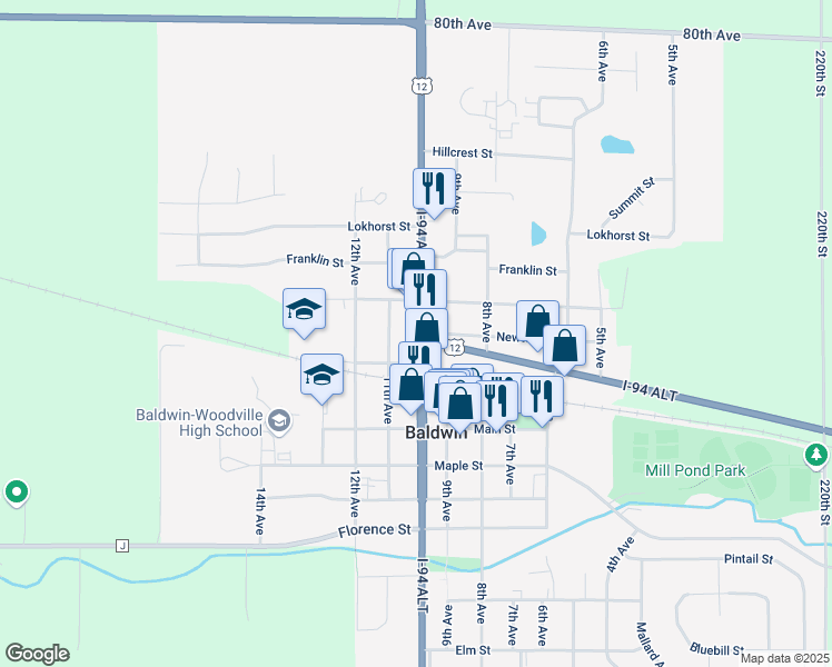 map of restaurants, bars, coffee shops, grocery stores, and more near 830 10th Avenue in Baldwin