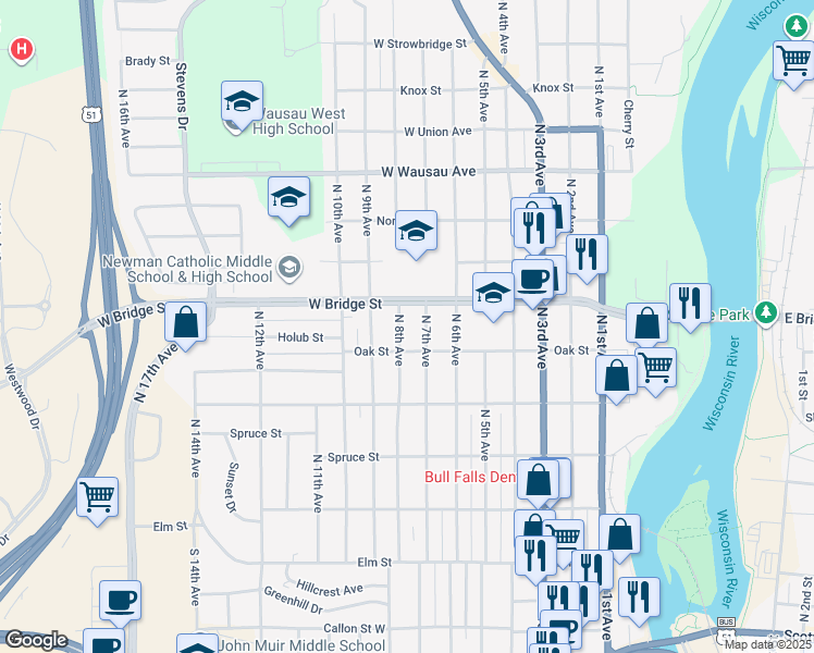 map of restaurants, bars, coffee shops, grocery stores, and more near 713 West Bridge Street in Wausau