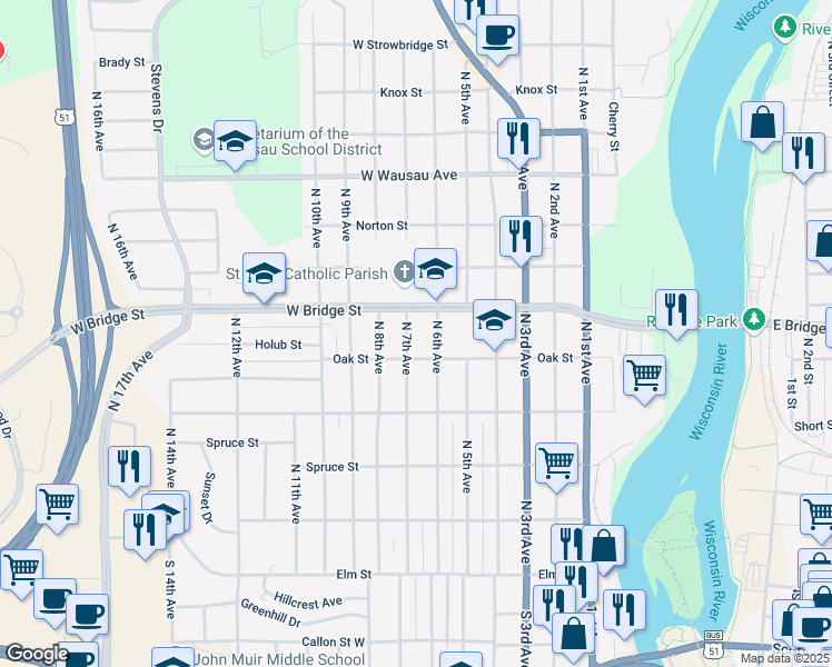 map of restaurants, bars, coffee shops, grocery stores, and more near 528 North 6th Avenue in Wausau