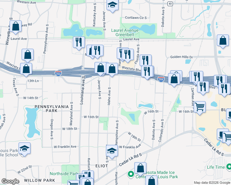 map of restaurants, bars, coffee shops, grocery stores, and more near 1360 Hampshire Avenue South in St. Louis Park