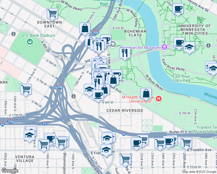 map of restaurants, bars, coffee shops, grocery stores, and more near 400 19th Avenue South in Minneapolis