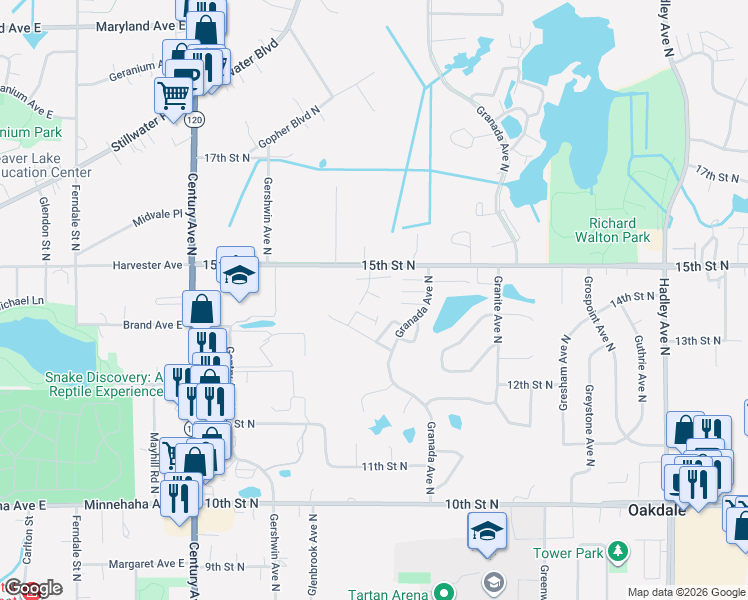 map of restaurants, bars, coffee shops, grocery stores, and more near 1490 Goodwin Avenue North in Oakdale