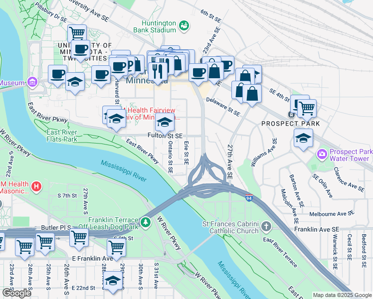 map of restaurants, bars, coffee shops, grocery stores, and more near 914 Fulton Street Southeast in Minneapolis