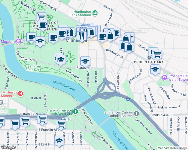 map of restaurants, bars, coffee shops, grocery stores, and more near 914 Fulton Street Southeast in Minneapolis