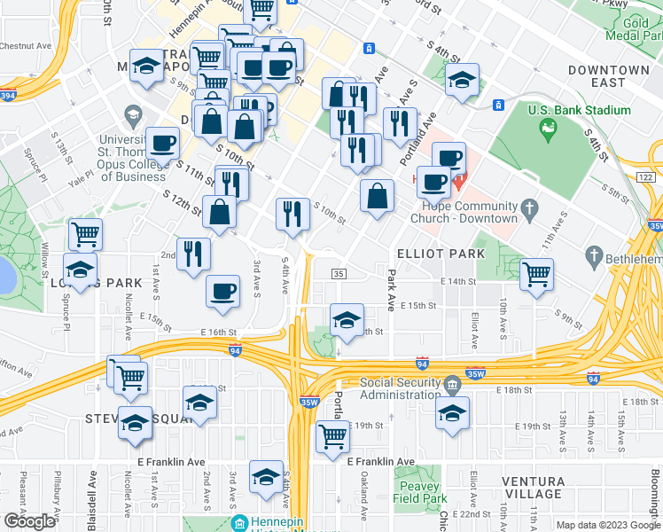 map of restaurants, bars, coffee shops, grocery stores, and more near 500 East Grant Street in Minneapolis